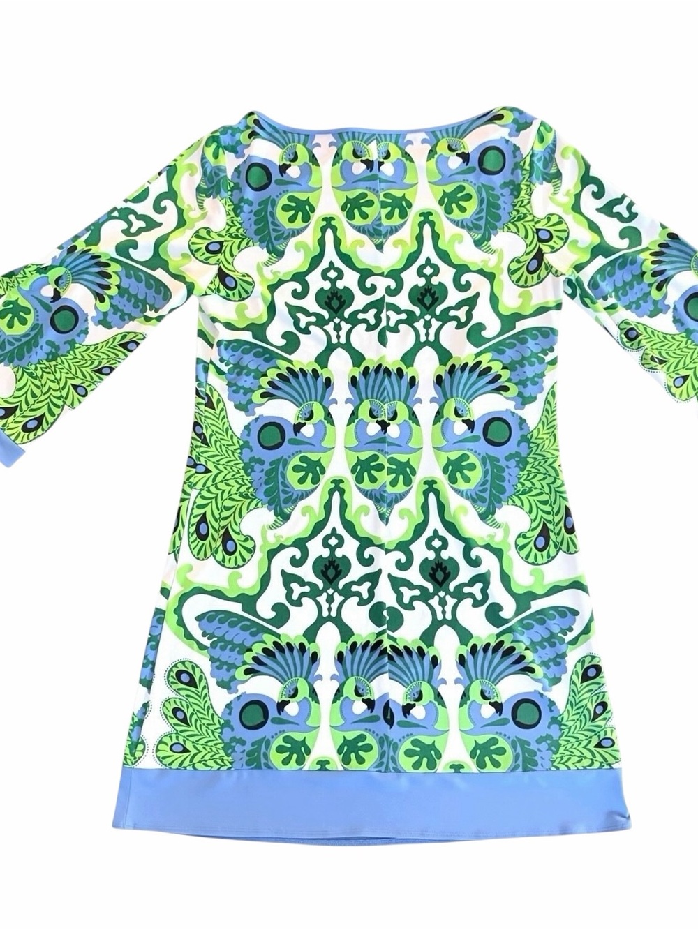 Laundry by Shelli Segal Peacock Print Tunic Shift Dress Blue Green 3/4 Sleeve M - Picture 8 of 8